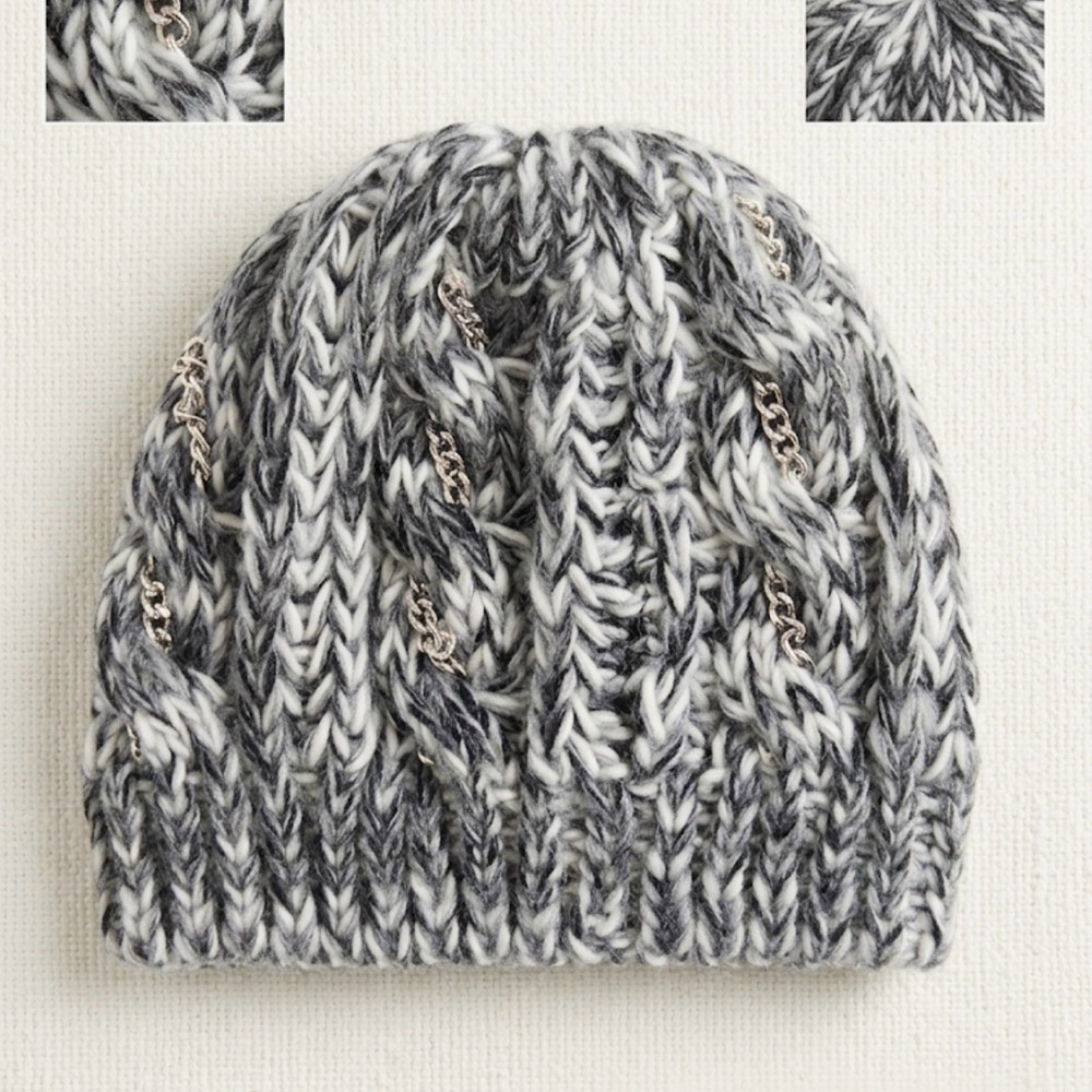 bebe Marled Chunky Knit Beanie Silver Chain Embellished Wool Blend OS